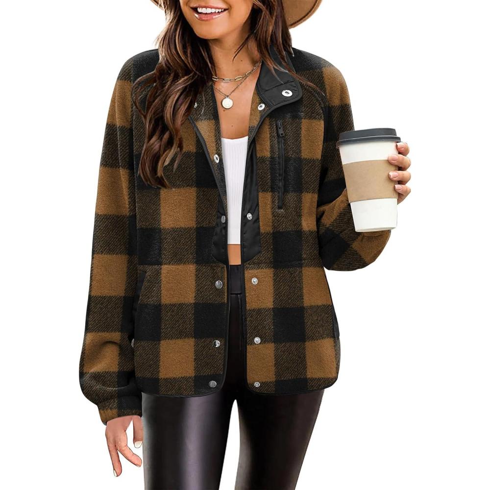 imageZeagoo Womens Cozy Fleece Jacket Western Aztec Print Snap Button Down Coat with Pockets Casual Warm Outwear 2026Navy Plaid