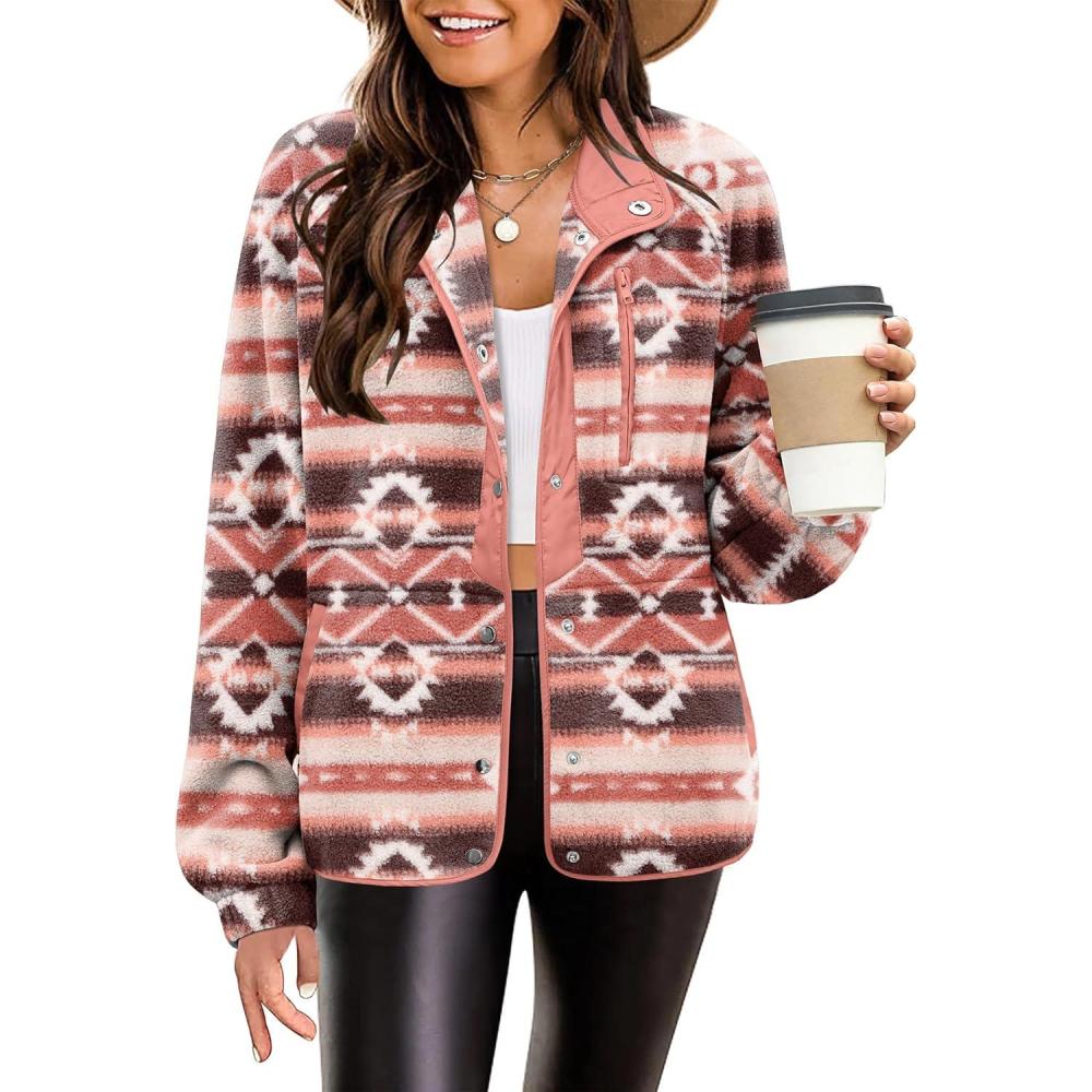 imageZeagoo Womens Cozy Fleece Jacket Western Aztec Print Snap Button Down Coat with Pockets Casual Warm Outwear 2026Pink