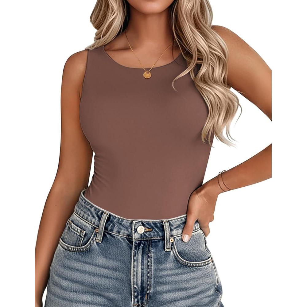 imageZeagoo Womens Double Lined Crew Neck Tank Tops Cute Summer Sleeveless Workout Tops Basic Going Out Clothes 2026Brown