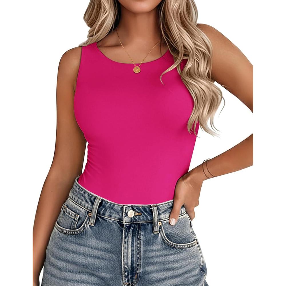 imageZeagoo Womens Double Lined Crew Neck Tank Tops Cute Summer Sleeveless Workout Tops Basic Going Out Clothes 2026Hot Pink