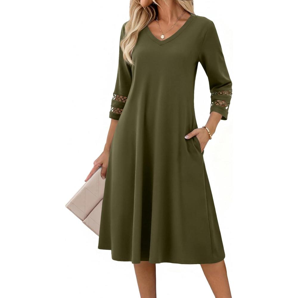 imageZeagoo Womens Dresses 34 Sleeve Summer Casual VNeck A Line Flowy Eyelet Midi Dress for Women Beach Vacation SundressArmy Green