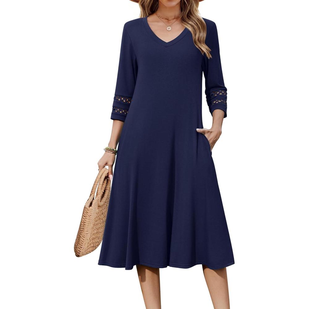 imageZeagoo Womens Dresses 34 Sleeve Summer Casual VNeck A Line Flowy Eyelet Midi Dress for Women Beach Vacation SundressBlue1