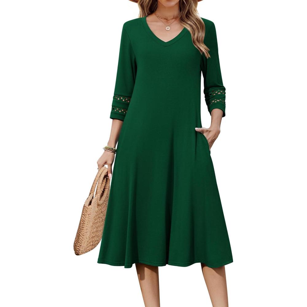 imageZeagoo Womens Dresses 34 Sleeve Summer Casual VNeck A Line Flowy Eyelet Midi Dress for Women Beach Vacation SundressGreen
