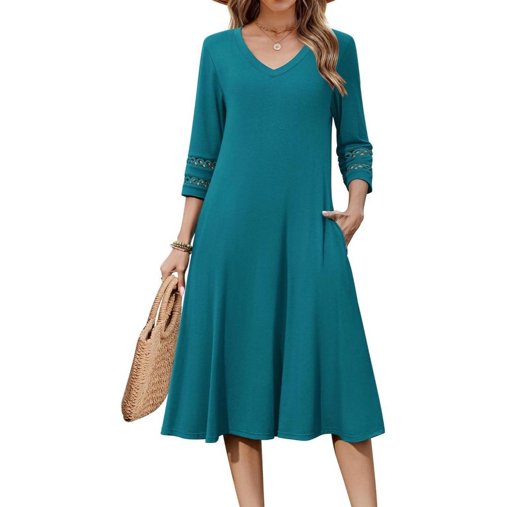 imageZeagoo Womens Dresses 34 Sleeve Summer Casual VNeck A Line Flowy Eyelet Midi Dress for Women Beach Vacation SundressJade Green