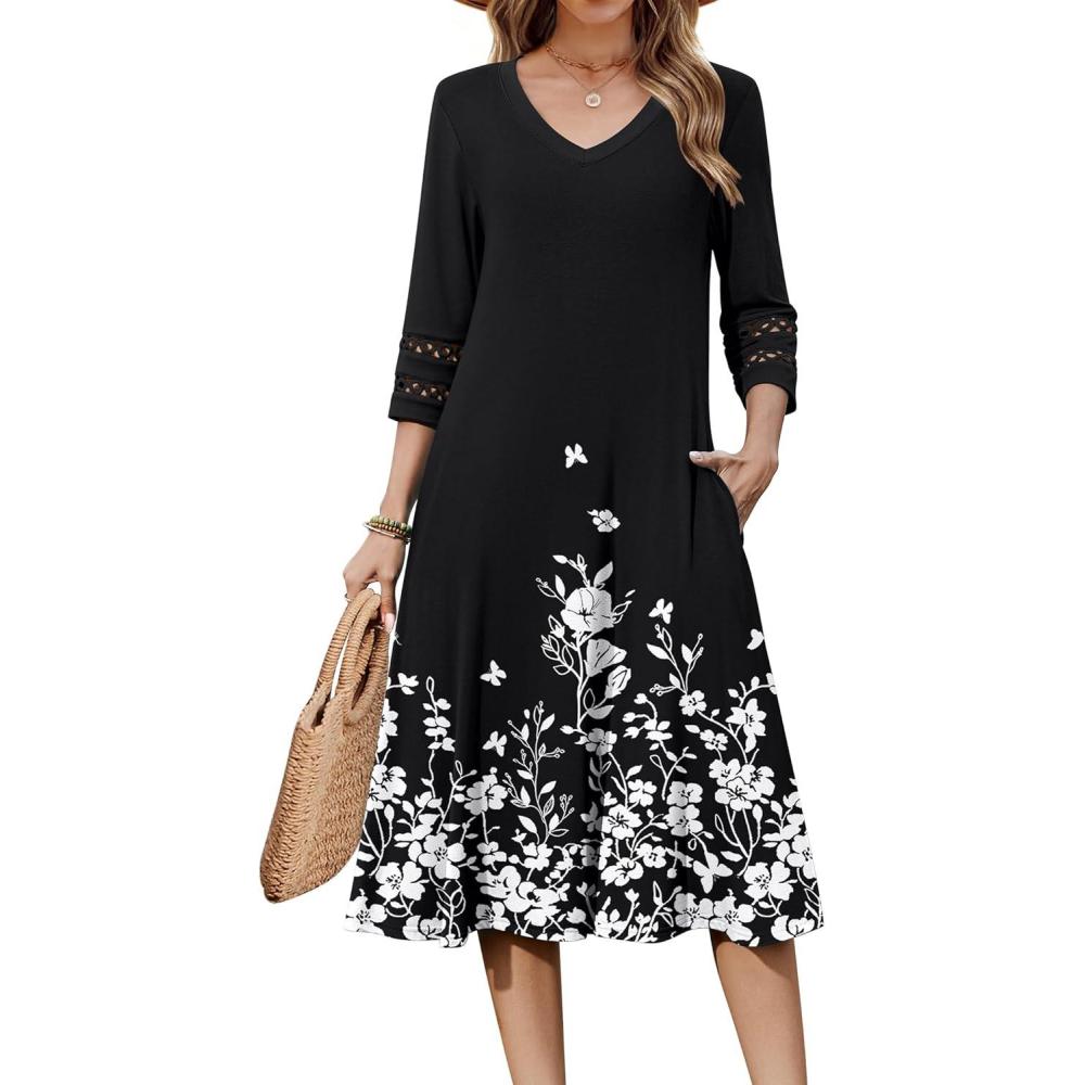 imageZeagoo Womens Dresses 34 Sleeve Summer Casual VNeck A Line Flowy Eyelet Midi Dress for Women Beach Vacation SundressSf100