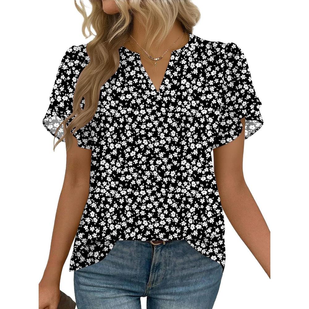 imageZeagoo Womens Dressy Casual Shirts Short Sleeve V Neck Work Blouse Business Casual Summer Chiffon TopsBlack Floral