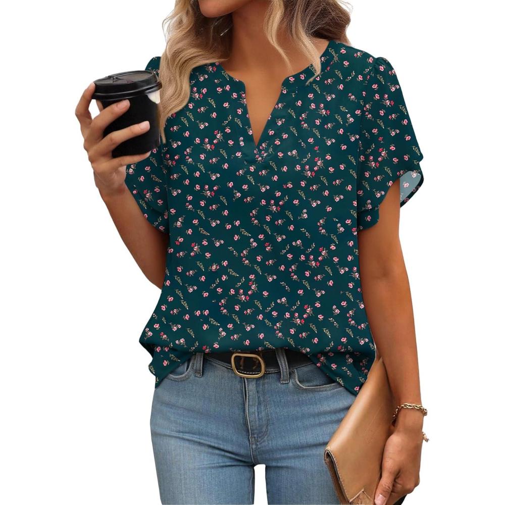 imageZeagoo Womens Dressy Casual Shirts Short Sleeve V Neck Work Blouse Business Casual Summer Chiffon TopsDark Green Floral
