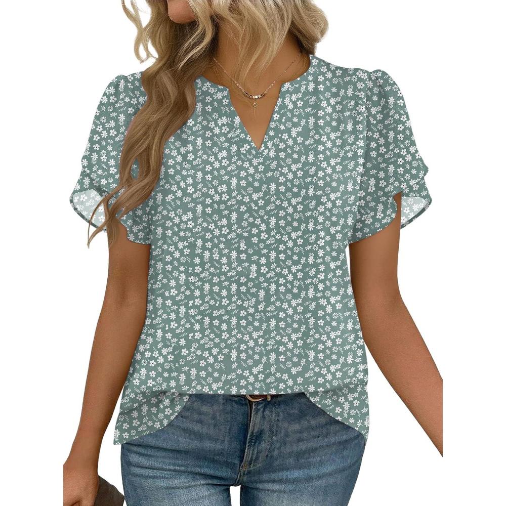 imageZeagoo Womens Dressy Casual Shirts Short Sleeve V Neck Work Blouse Business Casual Summer Chiffon TopsGreen Floral