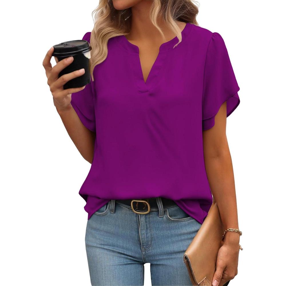 imageZeagoo Womens Dressy Casual Shirts Short Sleeve V Neck Work Blouse Business Casual Summer Chiffon TopsPurple