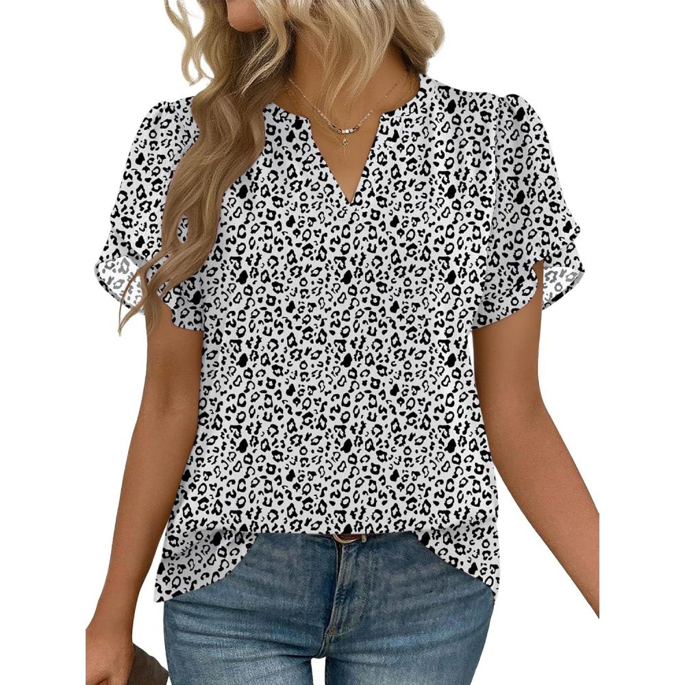 imageZeagoo Womens Dressy Casual Shirts Short Sleeve V Neck Work Blouse Business Casual Summer Chiffon TopsWhite Cheetah