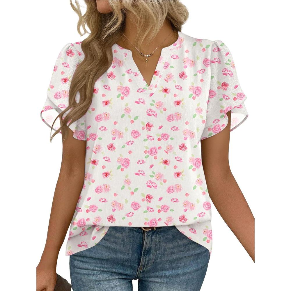 imageZeagoo Womens Dressy Casual Shirts Short Sleeve V Neck Work Blouse Business Casual Summer Chiffon TopsWhite Floral