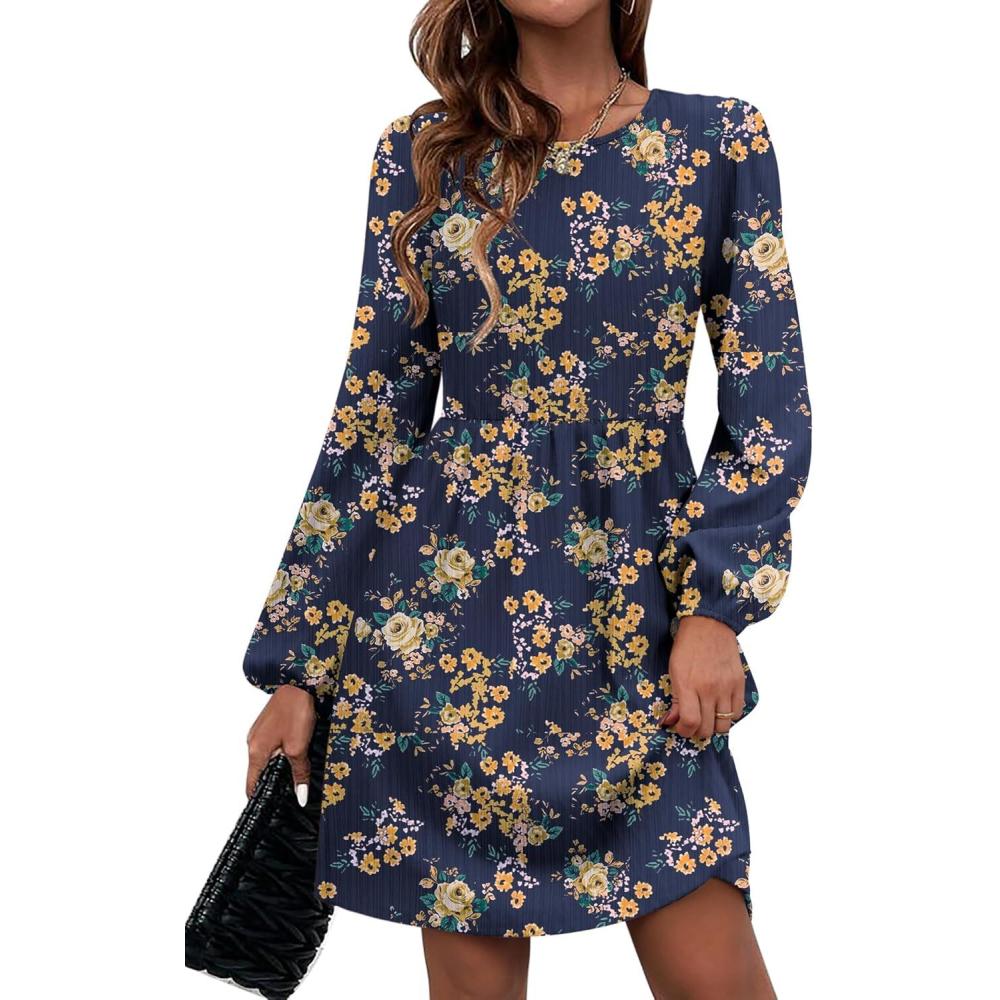 imageZeagoo Womens Fall Sweater Dresses with Pockets Crew Neck Long Sleeve ALine Dresses for Women 2025 Casual Winter DressesFloral Blue