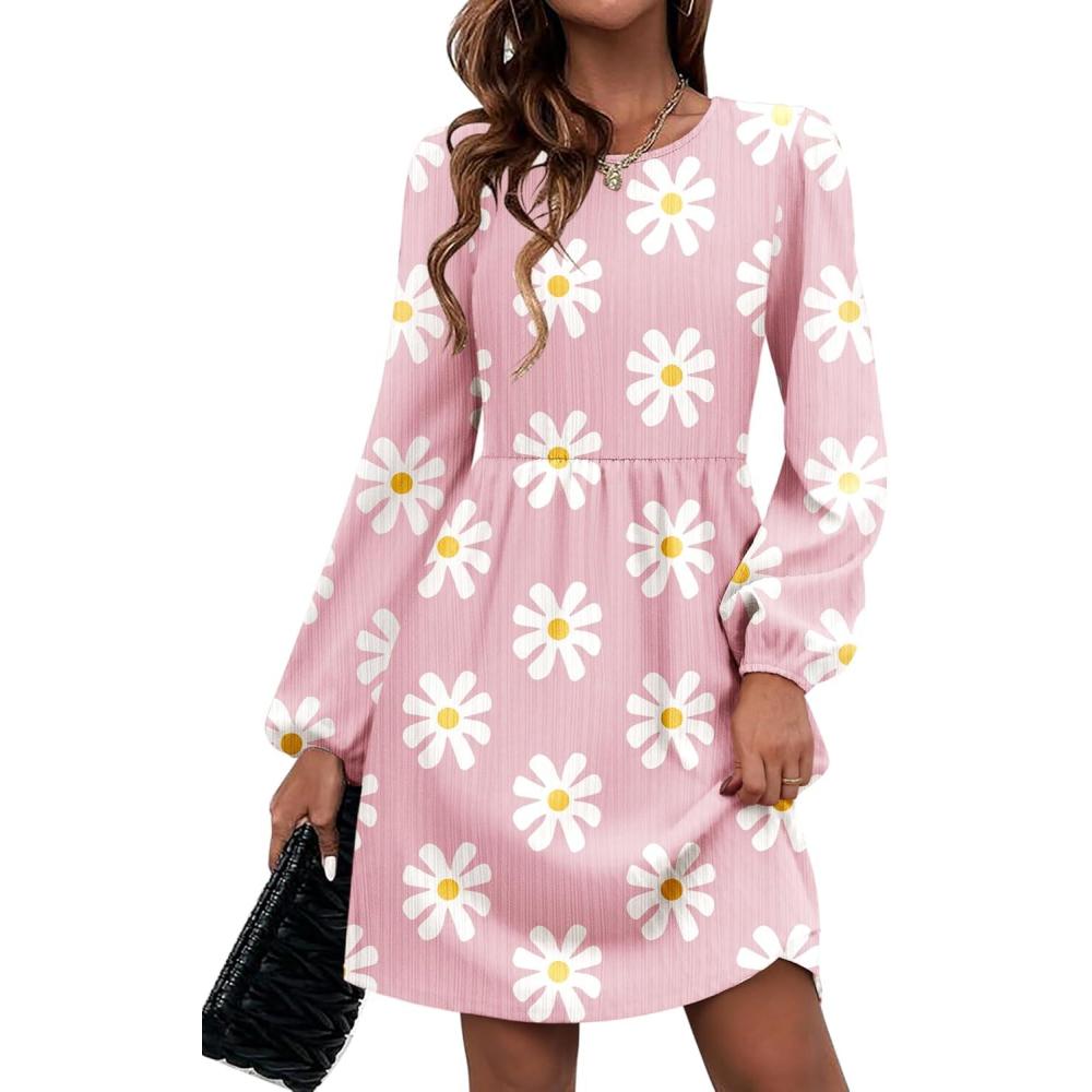 imageZeagoo Womens Fall Sweater Dresses with Pockets Crew Neck Long Sleeve ALine Dresses for Women 2025 Casual Winter DressesFloral Pink