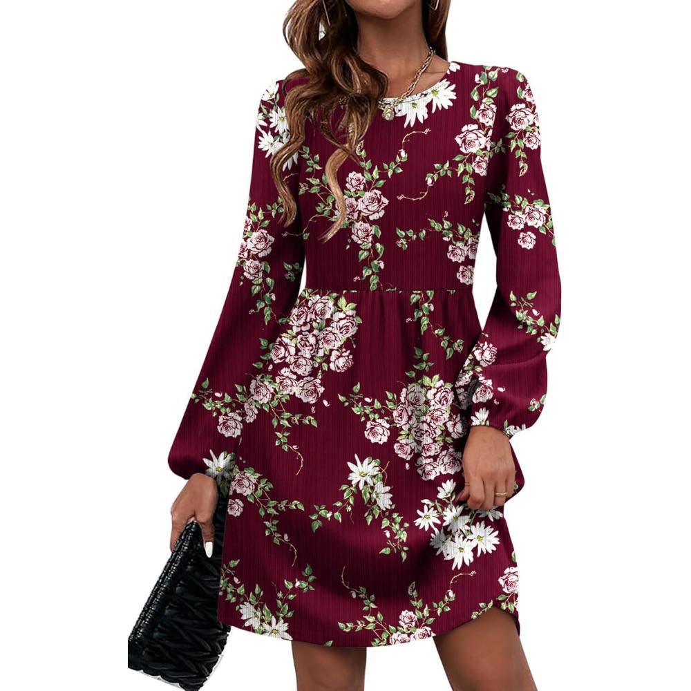 imageZeagoo Womens Fall Sweater Dresses with Pockets Crew Neck Long Sleeve ALine Dresses for Women 2025 Casual Winter DressesFloral Red