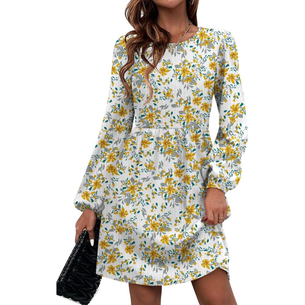imageZeagoo Womens Fall Sweater Dresses with Pockets Crew Neck Long Sleeve ALine Dresses for Women 2025 Casual Winter DressesFloral White