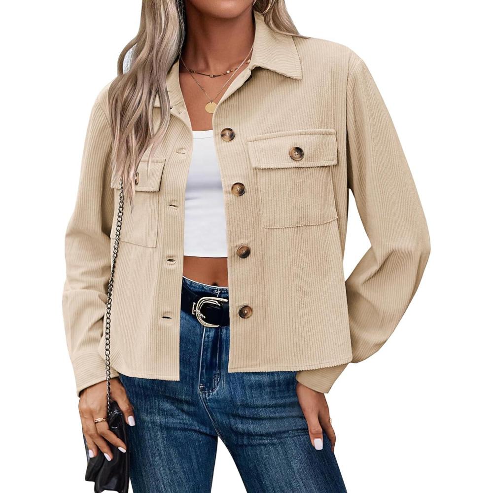 imageZeagoo Womens Fashion Cropped Corduroy Shackets Button Down Jackets Tops Fall Trendy Lightweight Long Sleeve ShirtsApricot