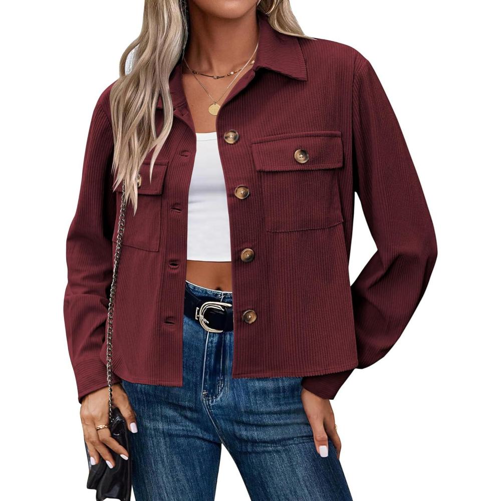 imageZeagoo Womens Fashion Cropped Corduroy Shackets Button Down Jackets Tops Fall Trendy Lightweight Long Sleeve ShirtsBurgundy