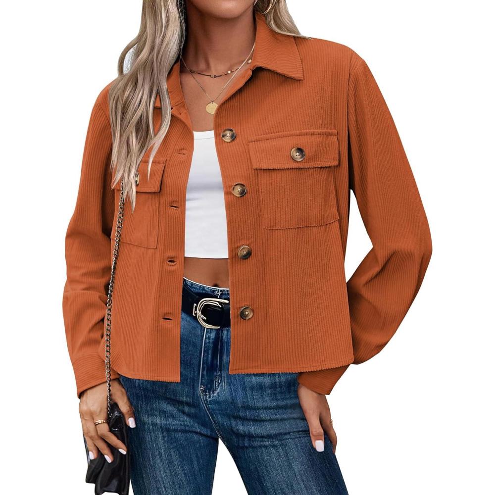 imageZeagoo Womens Fashion Cropped Corduroy Shackets Button Down Jackets Tops Fall Trendy Lightweight Long Sleeve ShirtsCaramel