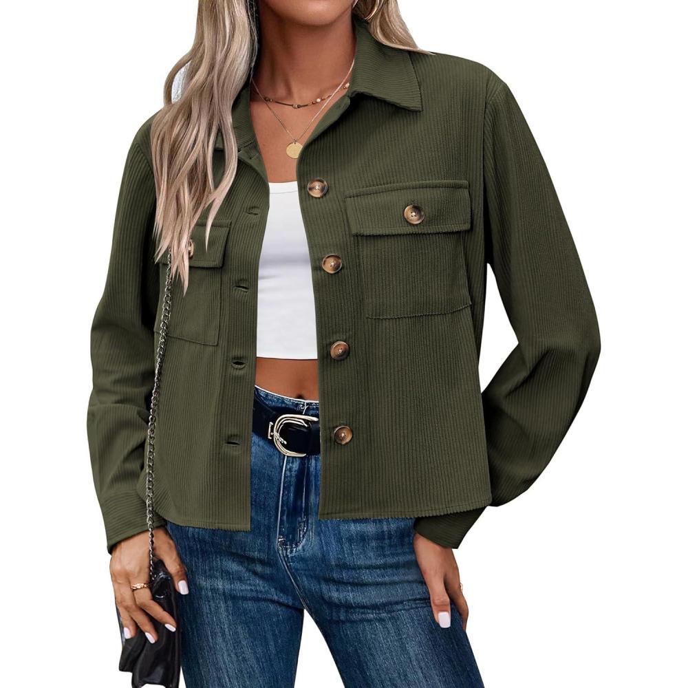 imageZeagoo Womens Fashion Cropped Corduroy Shackets Button Down Jackets Tops Fall Trendy Lightweight Long Sleeve ShirtsDark Green