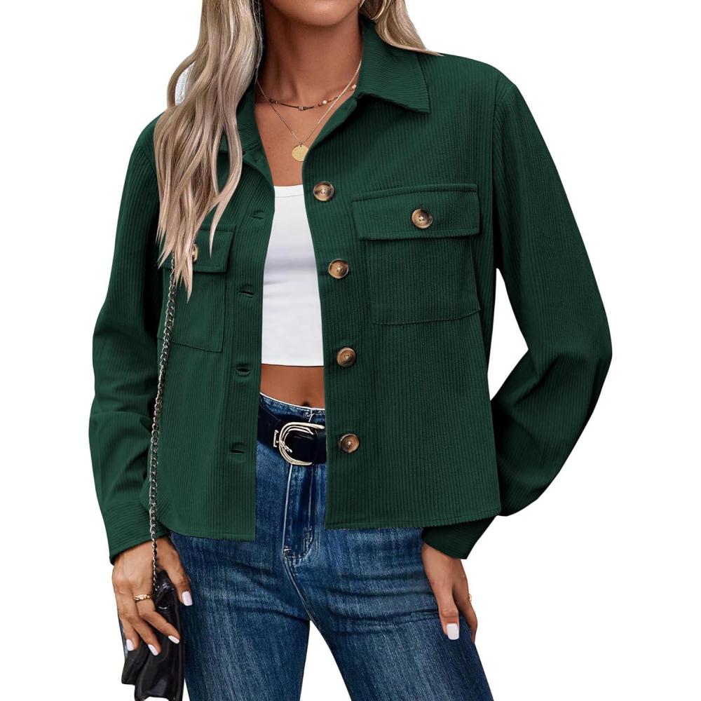 imageZeagoo Womens Fashion Cropped Corduroy Shackets Button Down Jackets Tops Fall Trendy Lightweight Long Sleeve ShirtsGreen