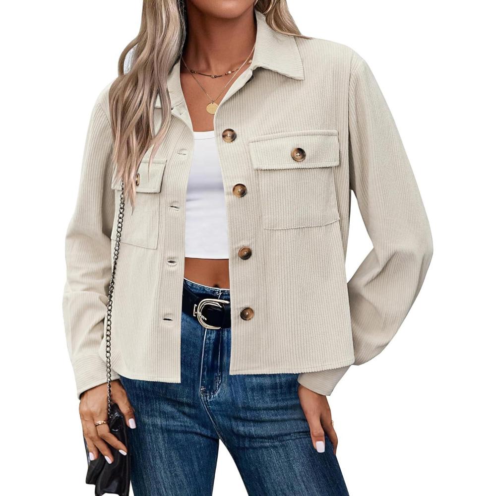 imageZeagoo Womens Fashion Cropped Corduroy Shackets Button Down Jackets Tops Fall Trendy Lightweight Long Sleeve ShirtsLight Apricot