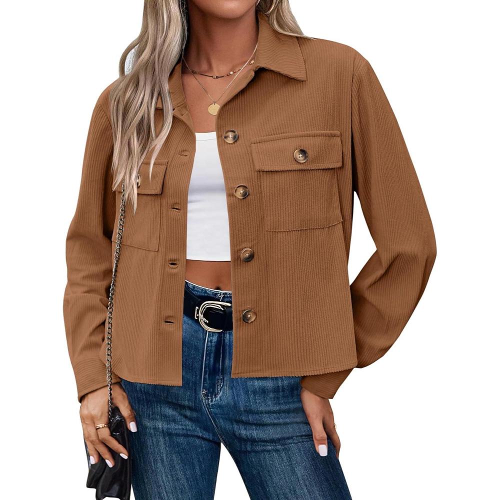 imageZeagoo Womens Fashion Cropped Corduroy Shackets Button Down Jackets Tops Fall Trendy Lightweight Long Sleeve ShirtsLight Brown