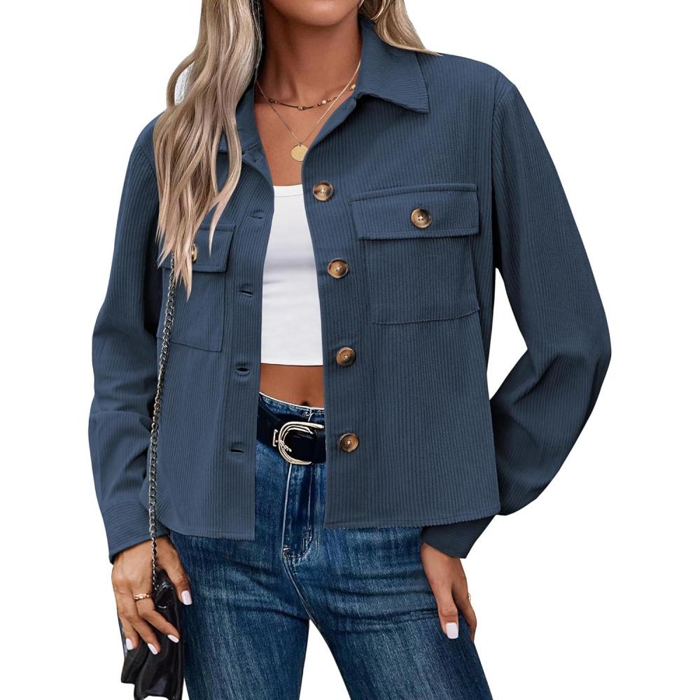 imageZeagoo Womens Fashion Cropped Corduroy Shackets Button Down Jackets Tops Fall Trendy Lightweight Long Sleeve ShirtsNavy