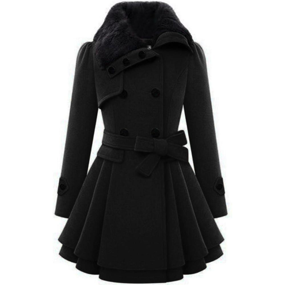 imageZeagoo Womens Fashion Faux Fur Lapel DoubleBreasted Thick Wool Trench Coat Winter Warm Jacket S2XLBlack