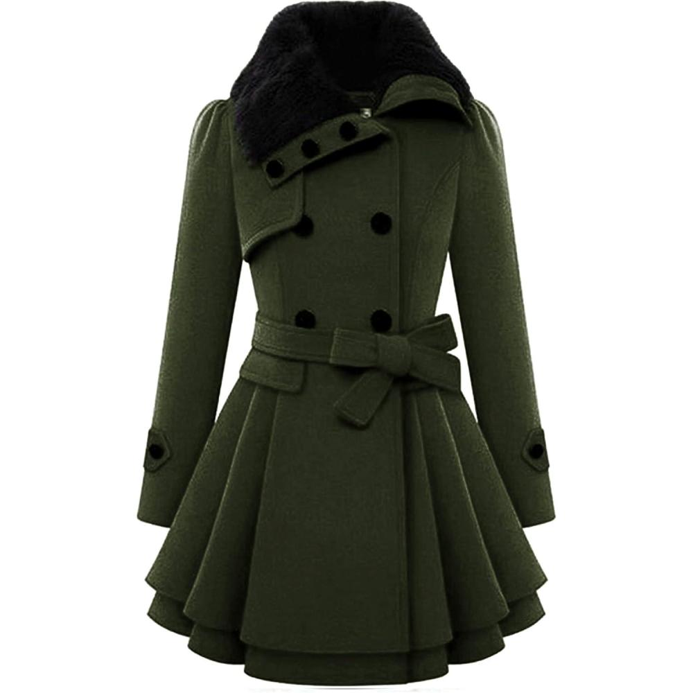 imageZeagoo Womens Fashion Faux Fur Lapel DoubleBreasted Thick Wool Trench Coat Winter Warm Jacket S2XLNewarmy Green
