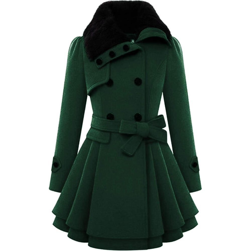 imageZeagoo Womens Fashion Faux Fur Lapel DoubleBreasted Thick Wool Trench Coat Winter Warm Jacket S2XLNewdark Green