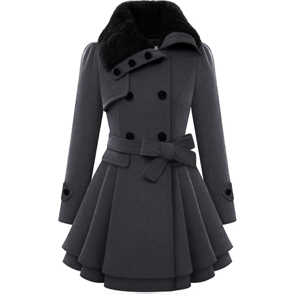 imageZeagoo Womens Fashion Faux Fur Lapel DoubleBreasted Thick Wool Trench Coat Winter Warm Jacket S2XLNewdeep Grey