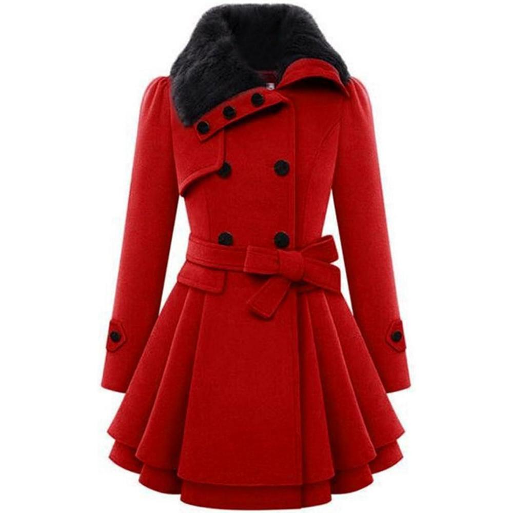 imageZeagoo Womens Fashion Faux Fur Lapel DoubleBreasted Thick Wool Trench Coat Winter Warm Jacket S2XLNewred