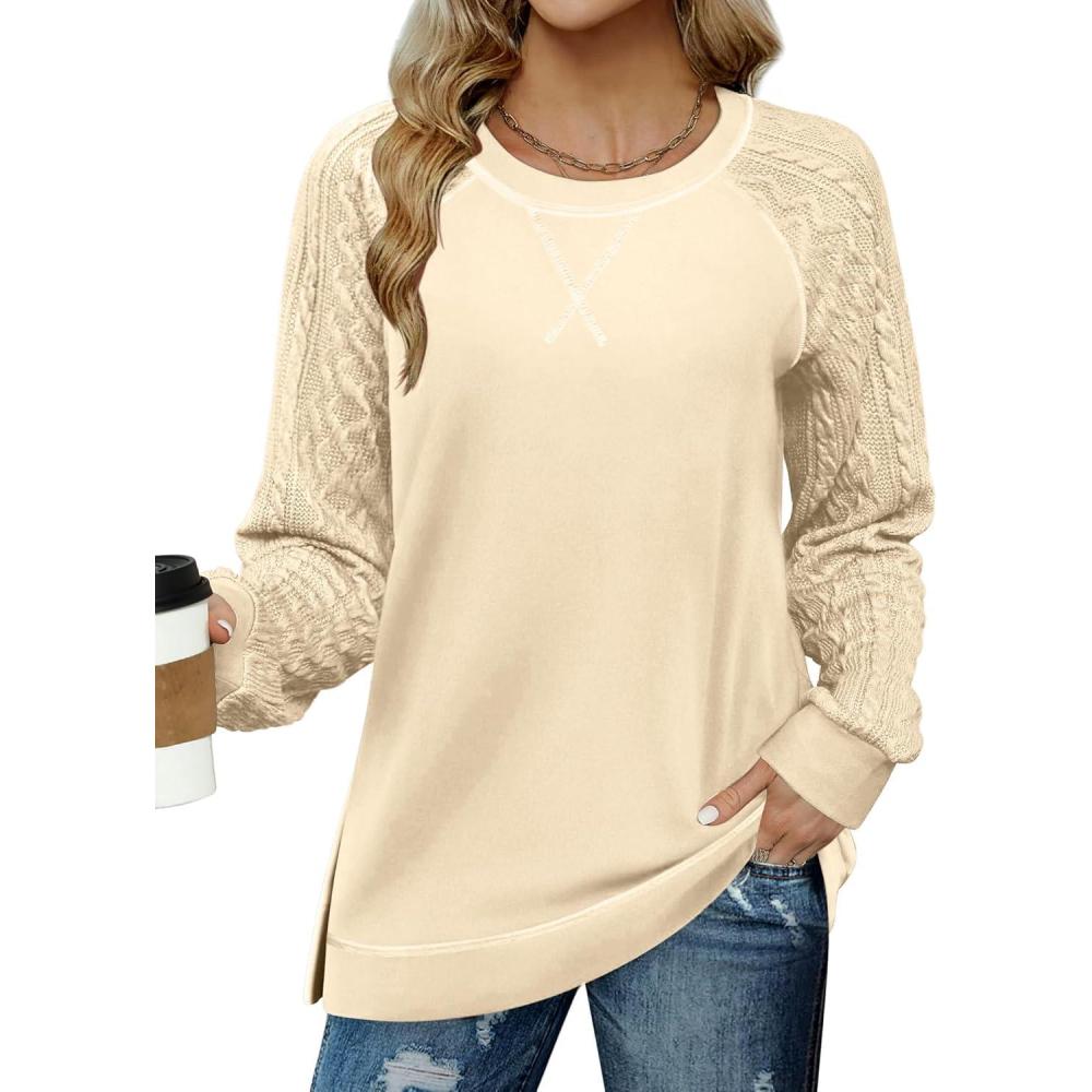 imageZeagoo Womens Long Sleeve Shirts Lightweight Cable Knit Sleeve Shirts Trendy Fall Tunic TopsBeige