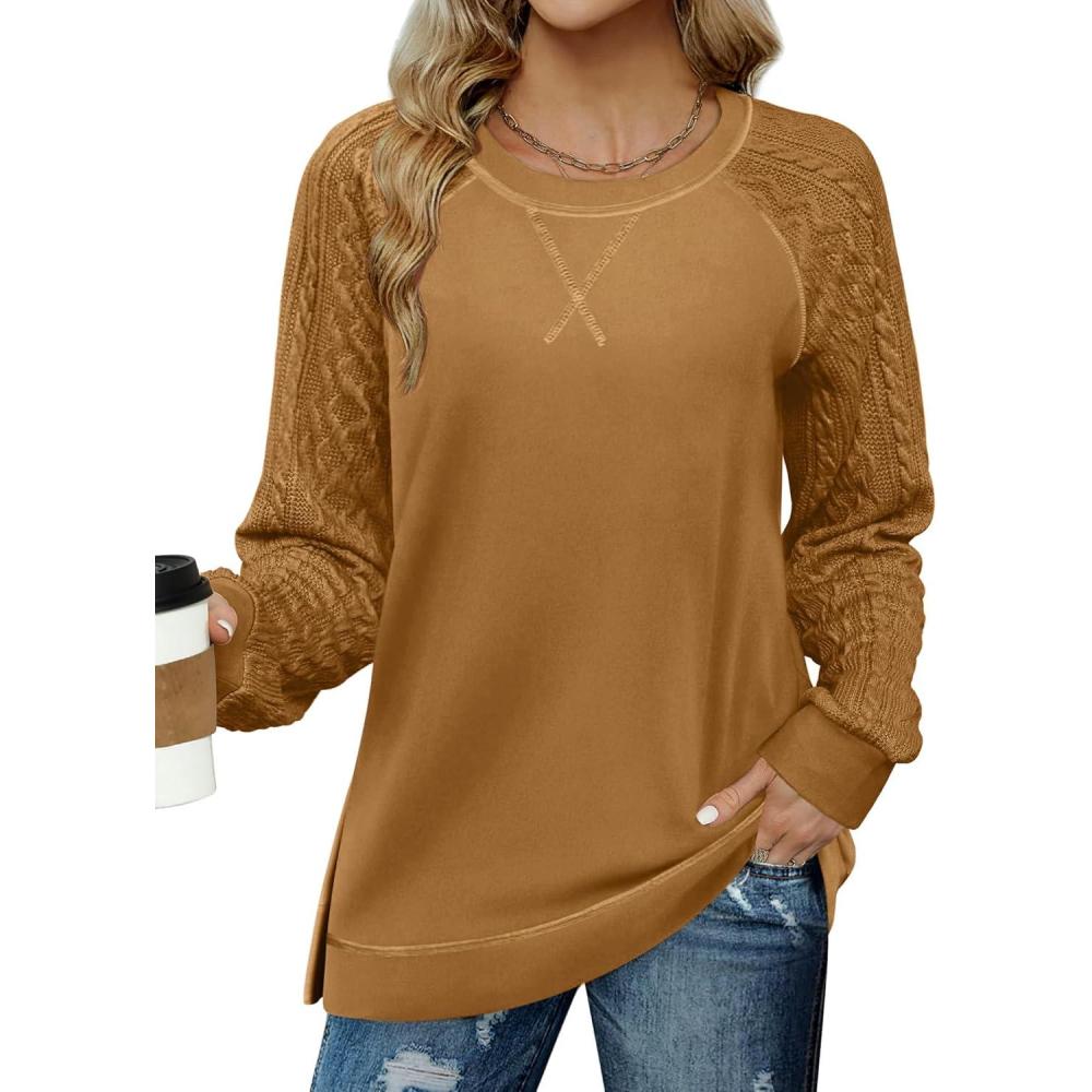 imageZeagoo Womens Long Sleeve Shirts Lightweight Cable Knit Sleeve Shirts Trendy Fall Tunic TopsLight Brown