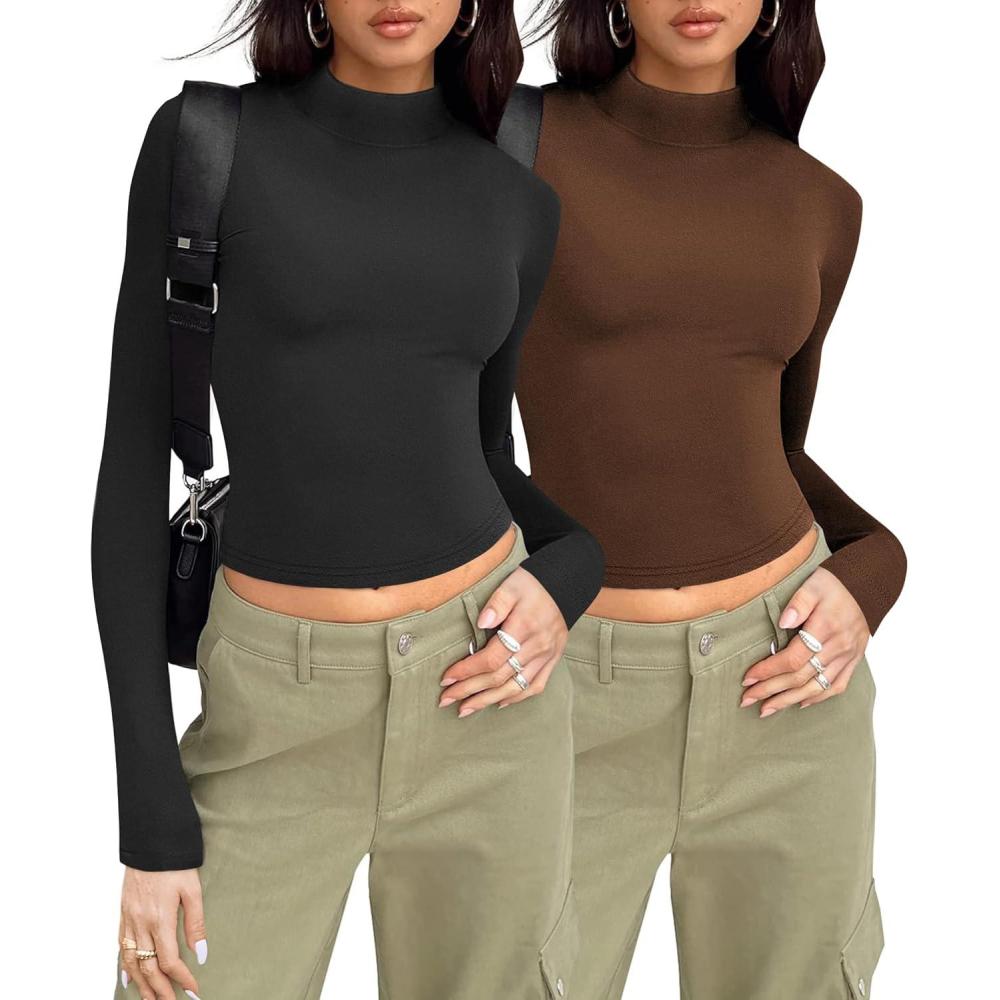 imageZeagoo Womens Long Sleeve Shirts Mock Neck Turtleneck Slim Fitted Basic Crop Tops 2024 Fashion Casual TShirtsBlackbrown