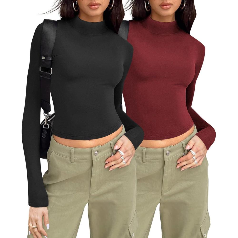 imageZeagoo Womens Long Sleeve Shirts Mock Neck Turtleneck Slim Fitted Basic Crop Tops 2024 Fashion Casual TShirtsBlackburgundy