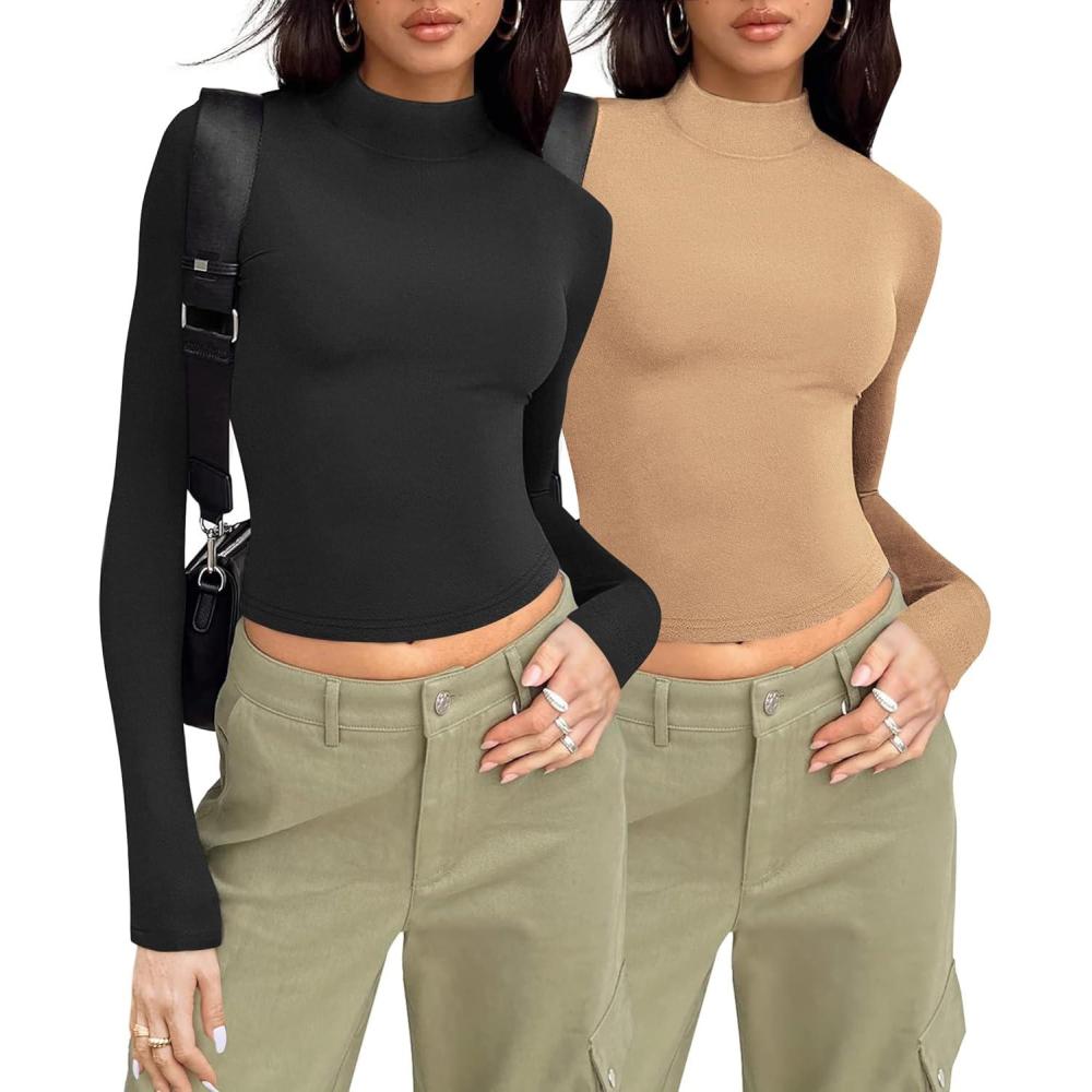 imageZeagoo Womens Long Sleeve Shirts Mock Neck Turtleneck Slim Fitted Basic Crop Tops 2024 Fashion Casual TShirtsBlackcamel