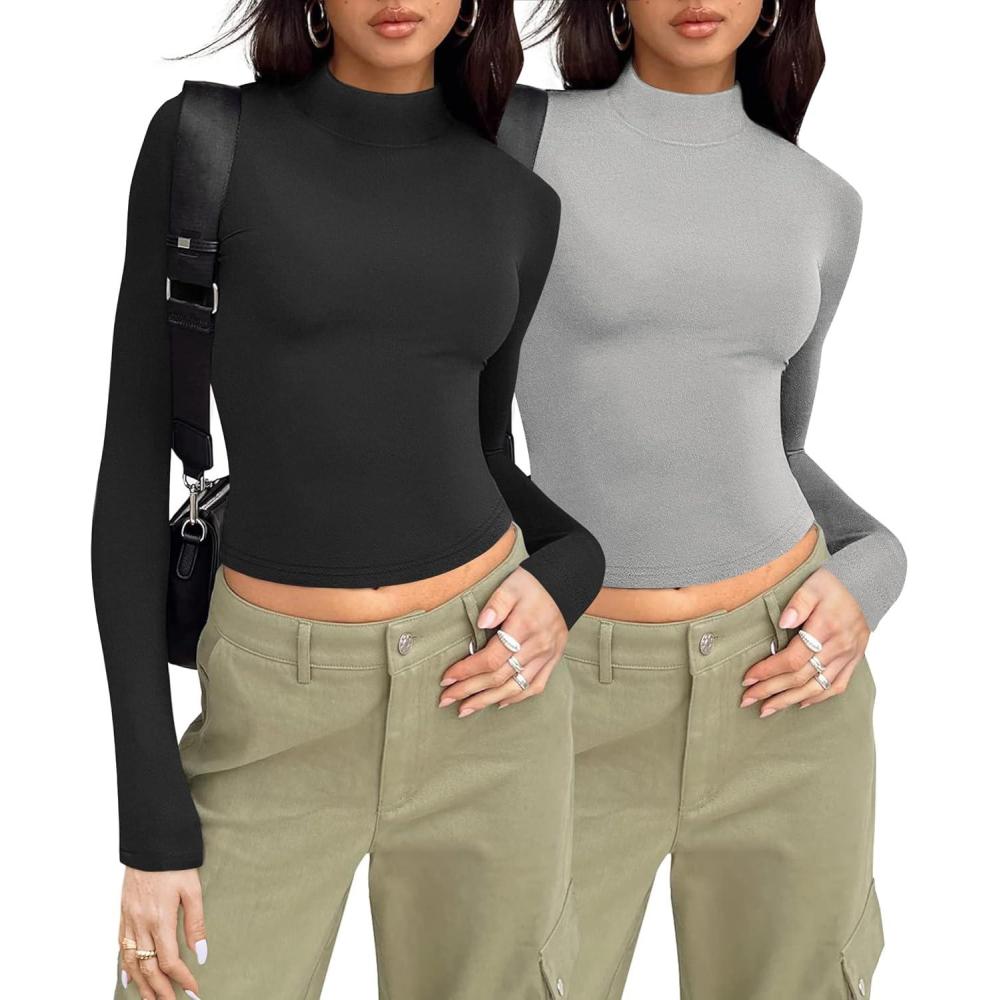 imageZeagoo Womens Long Sleeve Shirts Mock Neck Turtleneck Slim Fitted Basic Crop Tops 2024 Fashion Casual TShirtsBlackgrey