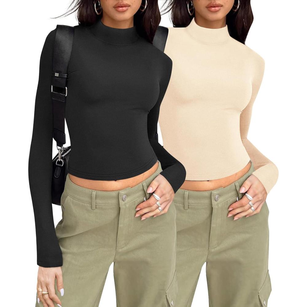 imageZeagoo Womens Long Sleeve Shirts Mock Neck Turtleneck Slim Fitted Basic Crop Tops 2024 Fashion Casual TShirtsBlackkhaki