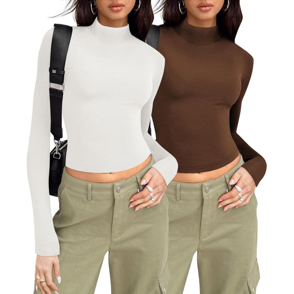 imageZeagoo Womens Long Sleeve Shirts Mock Neck Turtleneck Slim Fitted Basic Crop Tops 2024 Fashion Casual TShirtsWhitebrown