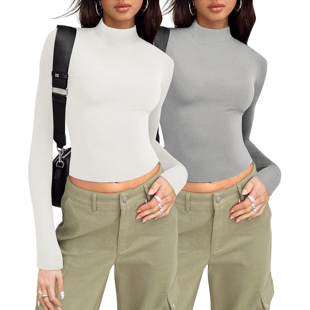 imageZeagoo Womens Long Sleeve Shirts Mock Neck Turtleneck Slim Fitted Basic Crop Tops 2024 Fashion Casual TShirtsWhitelight Grey