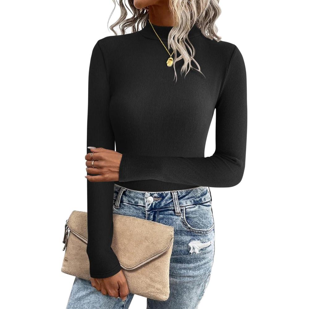 imageZeagoo Womens Long Sleeve Stretch Shirts Mock Neck Ribbed TShirt Fitted Casual Basic Tops 2024