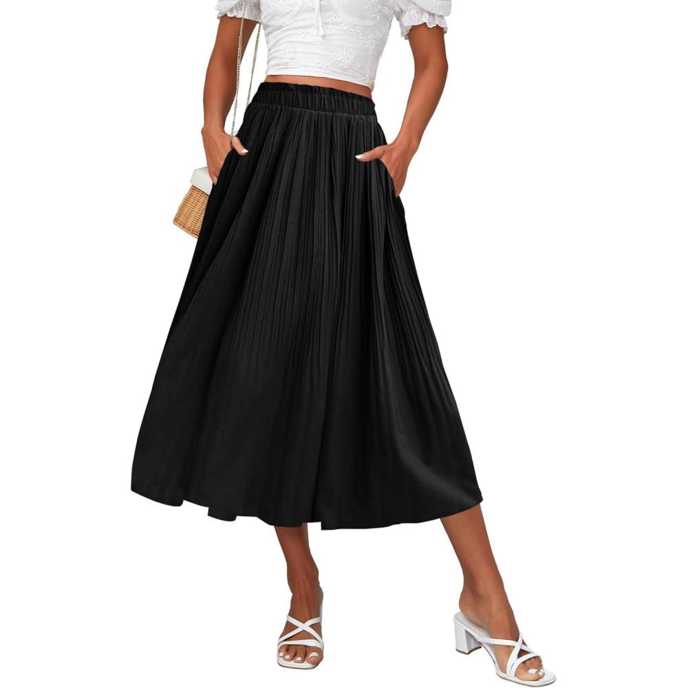 imageZeagoo Womens Midi Skirts High Waisted Pleated ALine Swing Skirts Summer Floral Long Skirts with PocketsBlack