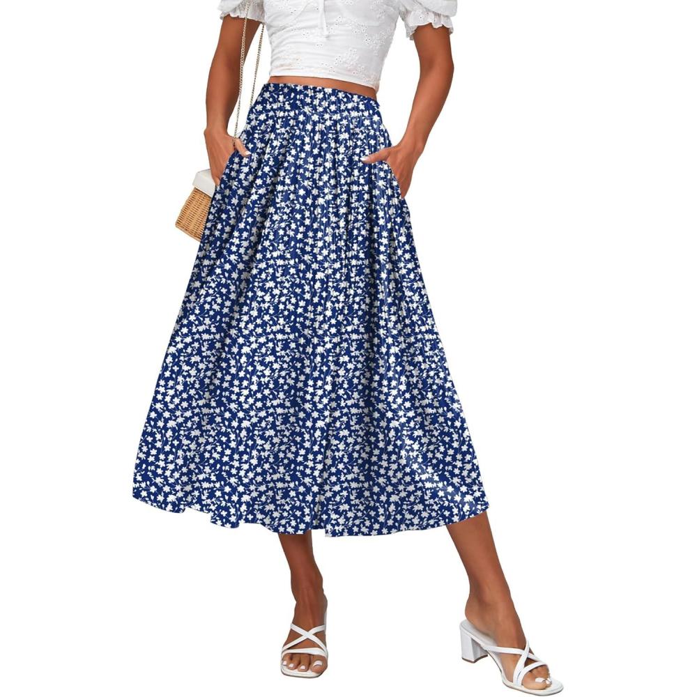 imageZeagoo Womens Midi Skirts High Waisted Pleated ALine Swing Skirts Summer Floral Long Skirts with PocketsBlue Floral