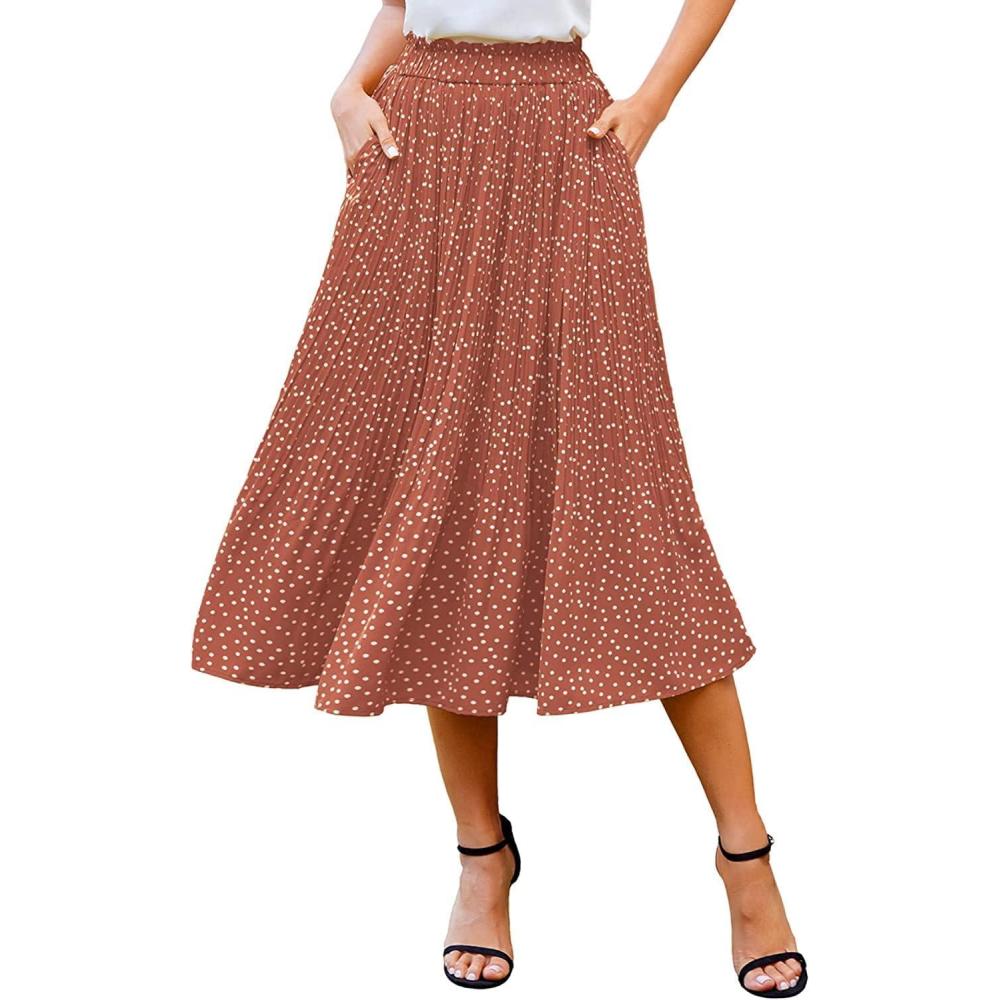 imageZeagoo Womens Midi Skirts High Waisted Pleated ALine Swing Skirts Summer Floral Long Skirts with PocketsCoffee