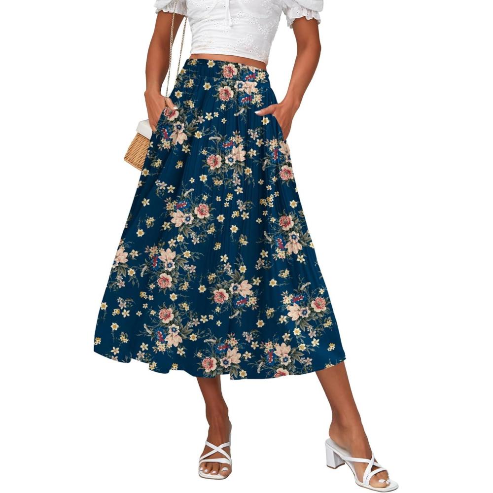 imageZeagoo Womens Midi Skirts High Waisted Pleated ALine Swing Skirts Summer Floral Long Skirts with PocketsPink Floral Navy Print
