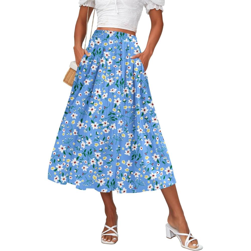 imageZeagoo Womens Midi Skirts High Waisted Pleated ALine Swing Skirts Summer Floral Long Skirts with PocketsWhite Flower Blue Print