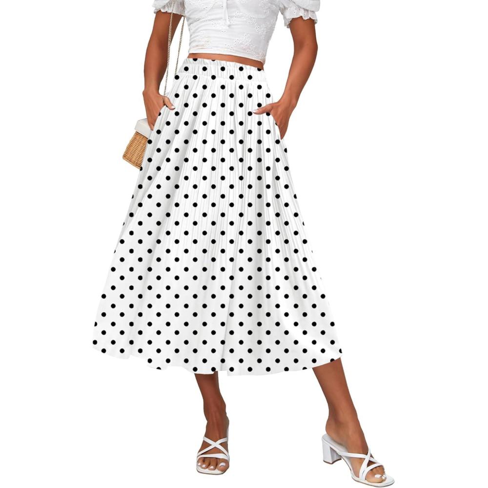 imageZeagoo Womens Midi Skirts High Waisted Pleated ALine Swing Skirts Summer Floral Long Skirts with PocketsWhite Polka Dot