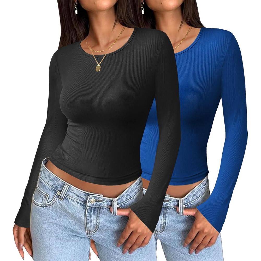 imageZeagoo Womens Ribbed Fitted Crop Tops Long Sleeve T Shirts Basic Scoop Neck Casual Slim Fitted Y2k Clothes 2025Black blue