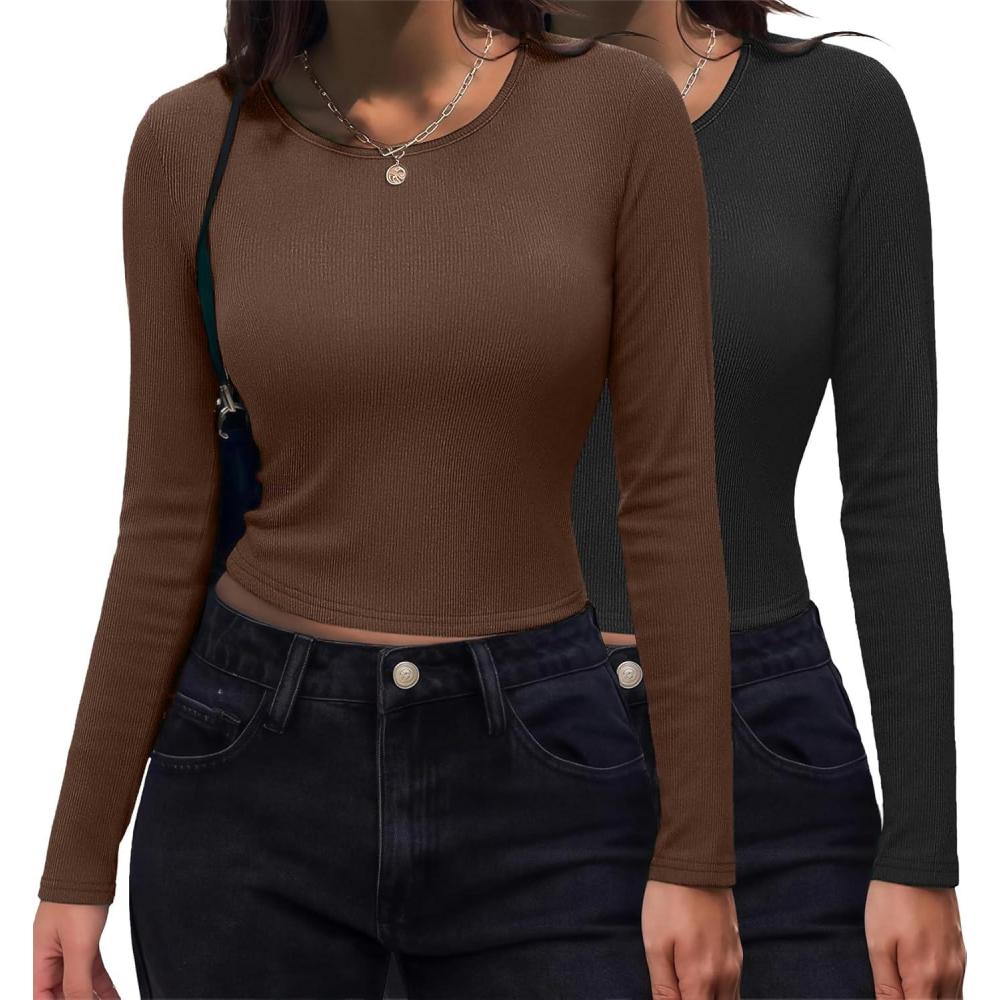 imageZeagoo Womens Ribbed Fitted Crop Tops Long Sleeve T Shirts Basic Scoop Neck Casual Slim Fitted Y2k Clothes 2025Black brown
